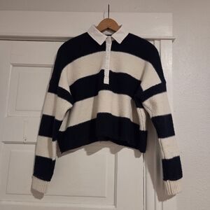 American Eagle Outfitters Cropped Rugby Sweater Navy/White Women's M